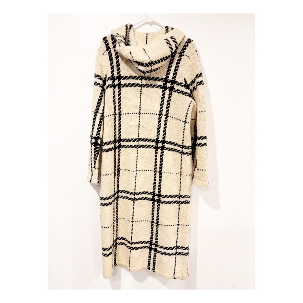 Lauren Ralph Lauren Plaid Lambswool Hooded Toggle Duster Cardigan Coat Cream M - Picture 3 of 4